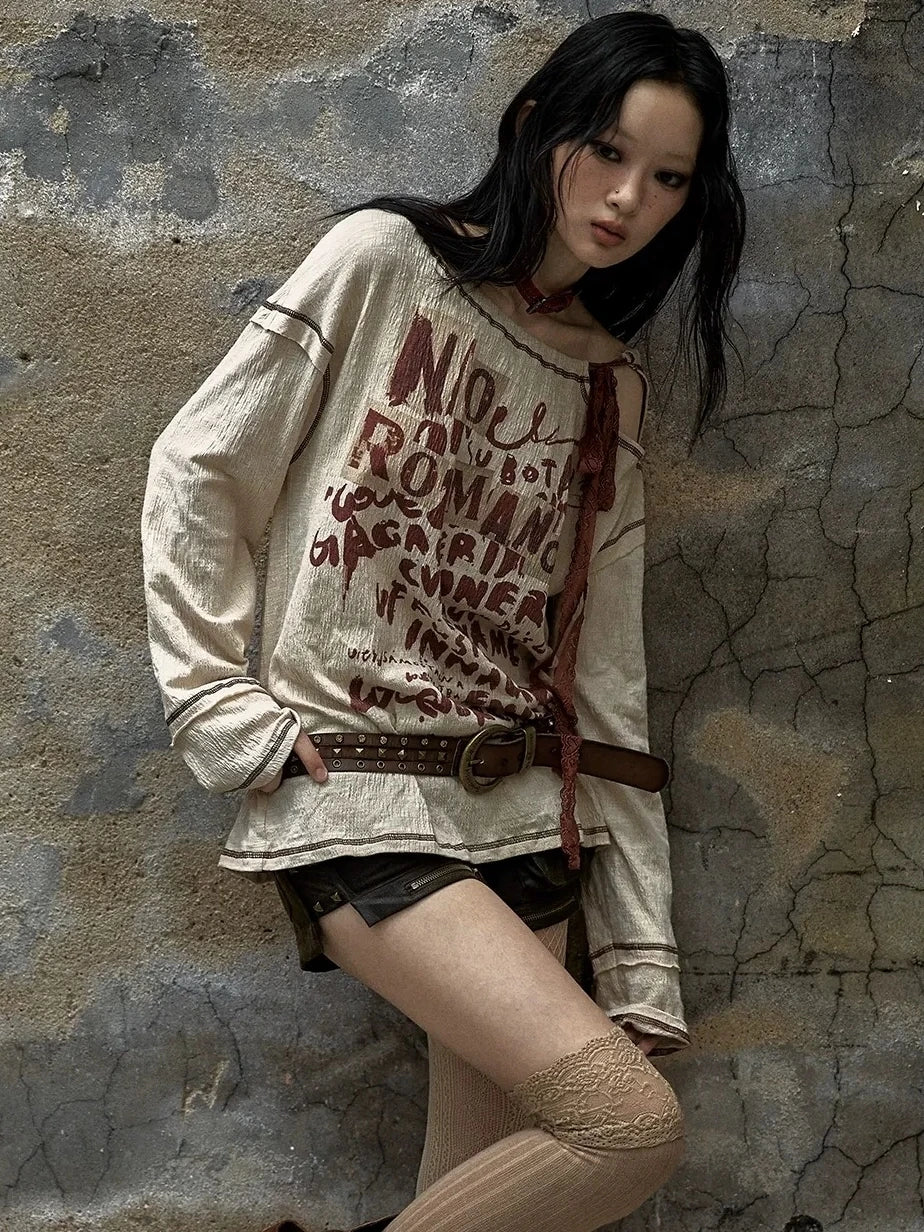 NO ROMANCE Adjustable Neckline Oversized Bow Print Apricot Cotton Women Longsleeve T-Shirt