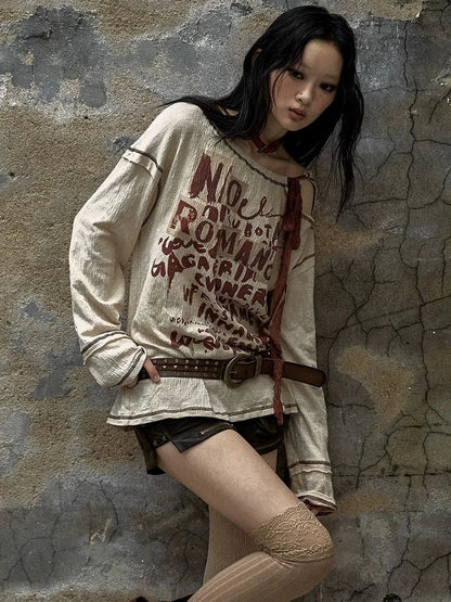 NO ROMANCE Adjustable Neckline Oversized Bow Print Apricot Cotton Women Longsleeve T-Shirt