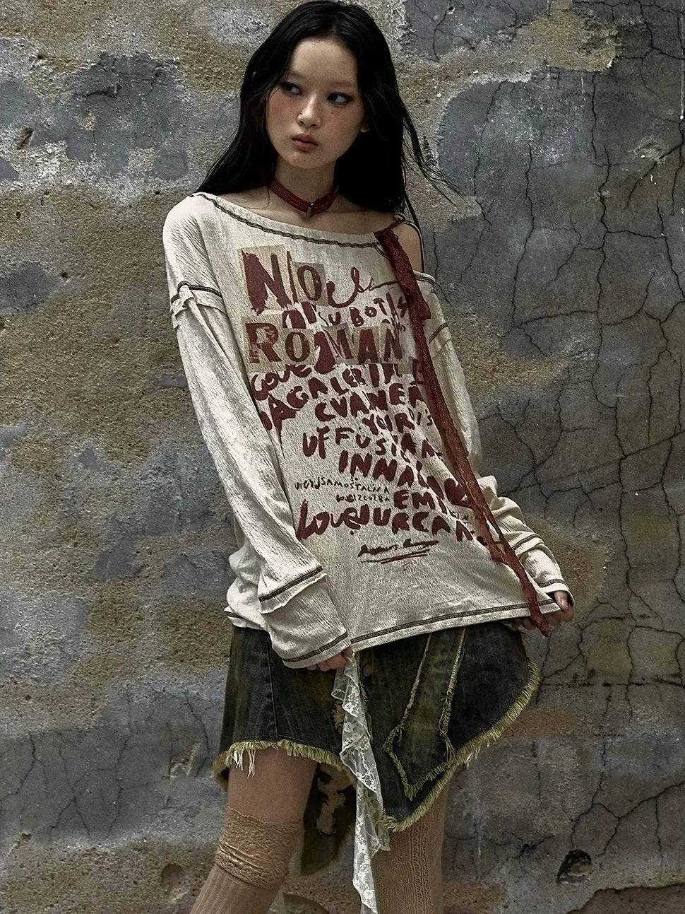 NO ROMANCE Adjustable Neckline Oversized Bow Print Apricot Cotton Women Longsleeve T-Shirt