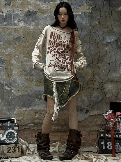 NO ROMANCE Adjustable Neckline Oversized Bow Print Apricot Cotton Women Longsleeve T-Shirt