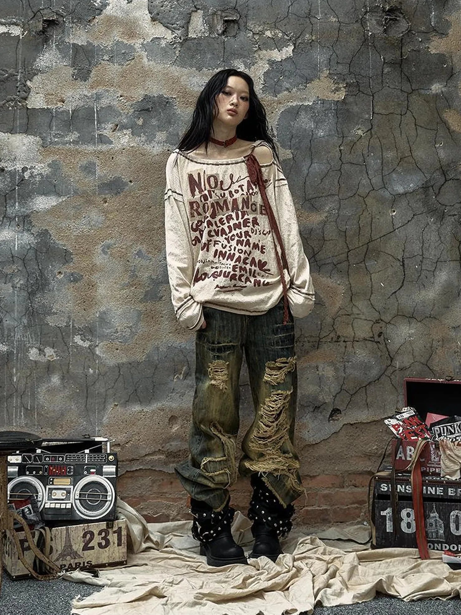 NO ROMANCE Adjustable Neckline Oversized Bow Print Apricot Cotton Women Longsleeve T-Shirt