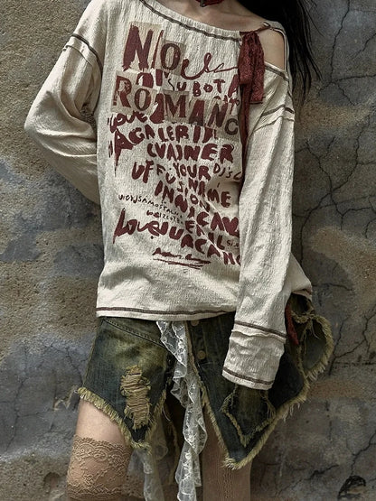 NO ROMANCE Adjustable Neckline Oversized Bow Print Apricot Cotton Women Longsleeve T-Shirt