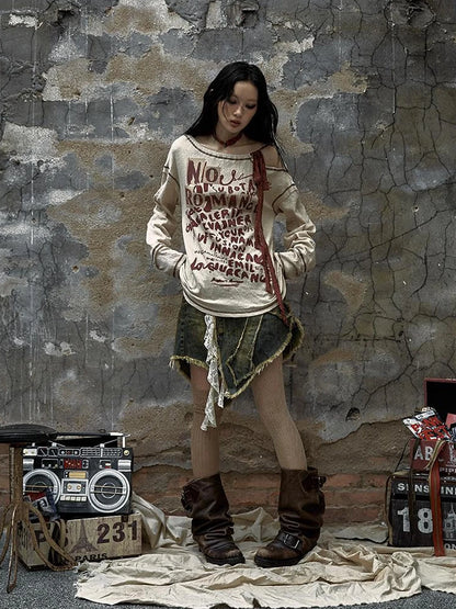 NO ROMANCE Adjustable Neckline Oversized Bow Print Apricot Cotton Women Longsleeve T-Shirt