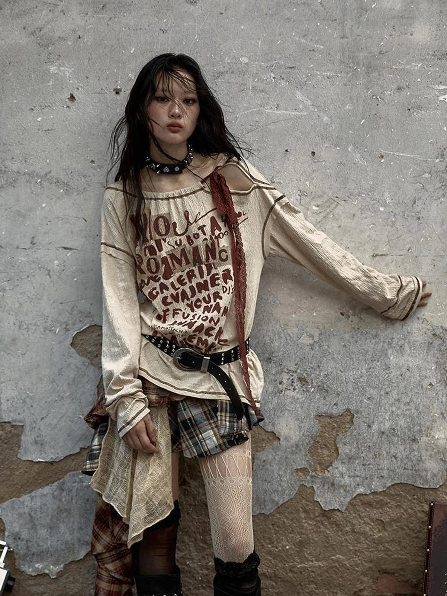 NO ROMANCE Adjustable Neckline Oversized Bow Print Apricot Cotton Women Longsleeve T-Shirt