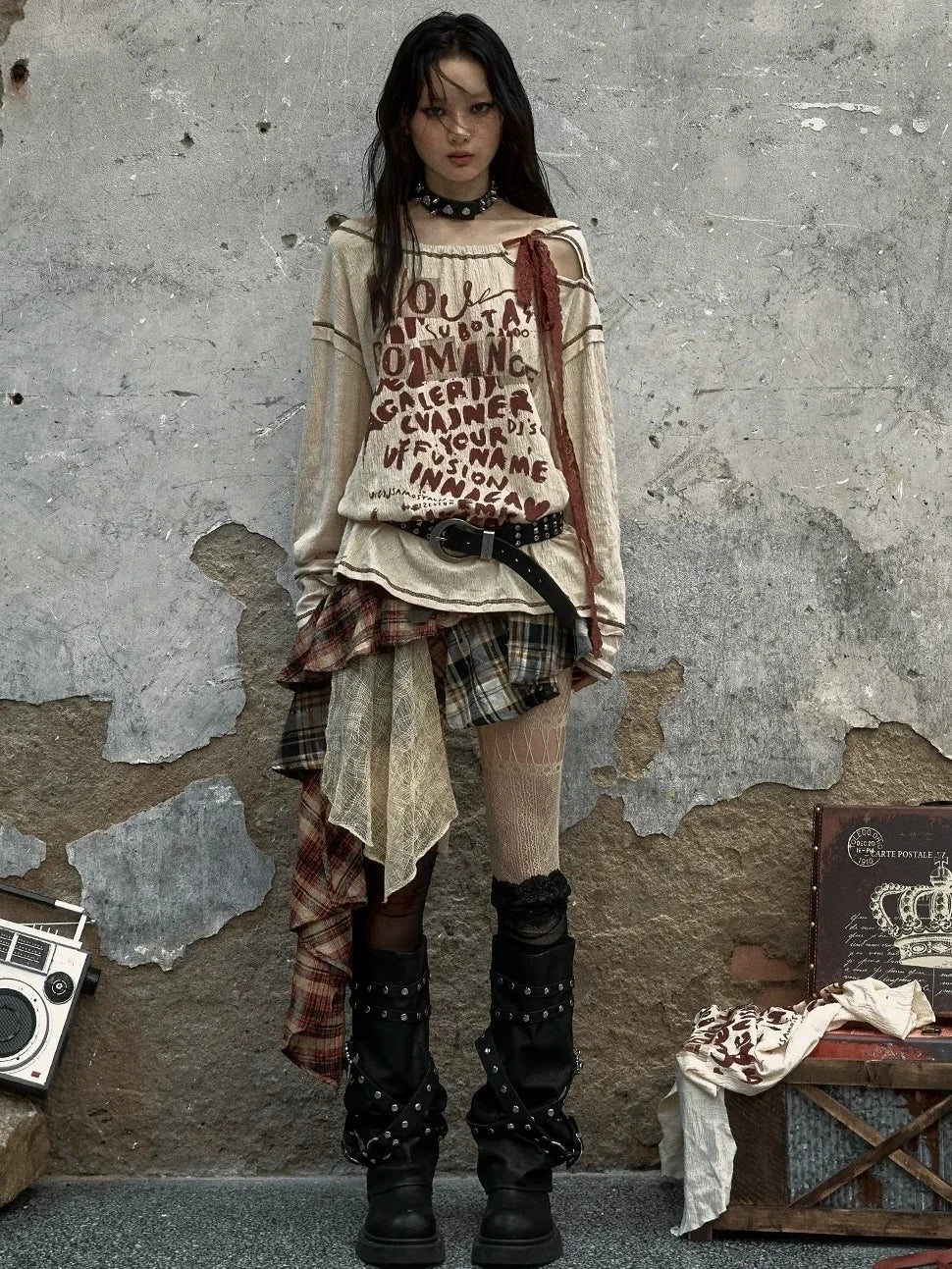 NO ROMANCE Adjustable Neckline Oversized Bow Print Apricot Cotton Women Longsleeve T-Shirt