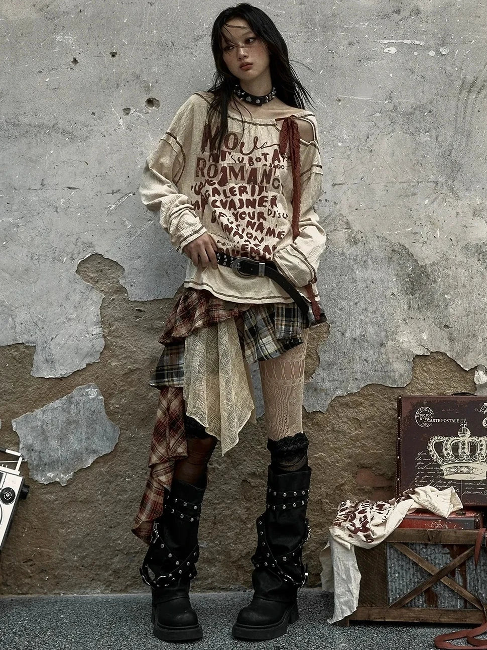 NO ROMANCE Adjustable Neckline Oversized Bow Print Apricot Cotton Women Longsleeve T-Shirt