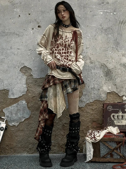 NO ROMANCE Adjustable Neckline Oversized Bow Print Apricot Cotton Women Longsleeve T-Shirt