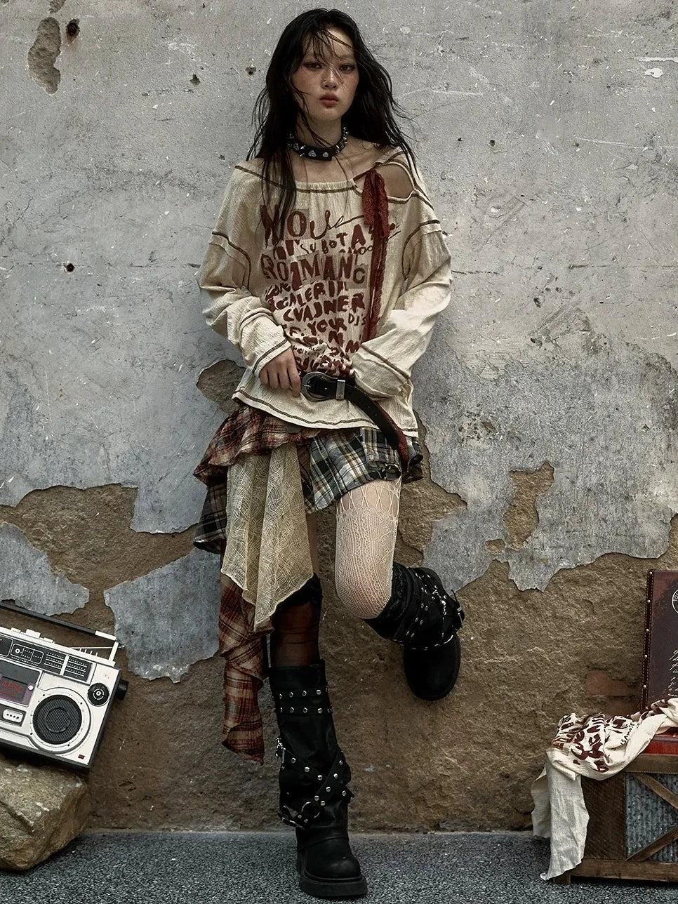 NO ROMANCE Adjustable Neckline Oversized Bow Print Apricot Cotton Women Longsleeve T-Shirt