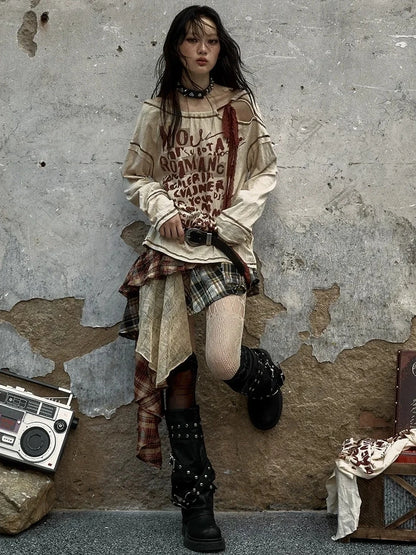 NO ROMANCE Adjustable Neckline Oversized Bow Print Apricot Cotton Women Longsleeve T-Shirt