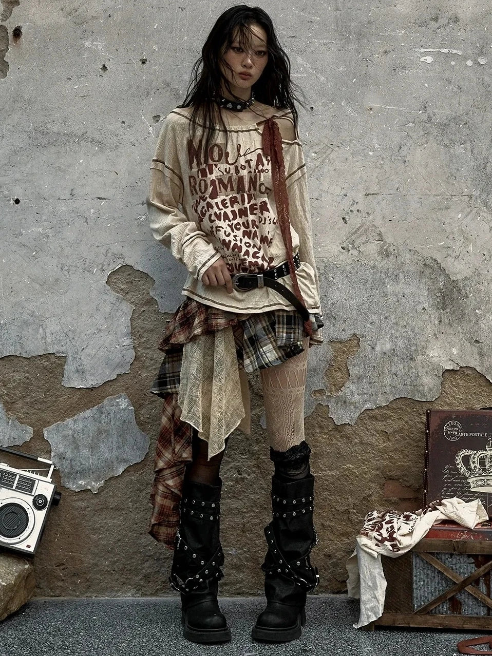 NO ROMANCE Adjustable Neckline Oversized Bow Print Apricot Cotton Women Longsleeve T-Shirt