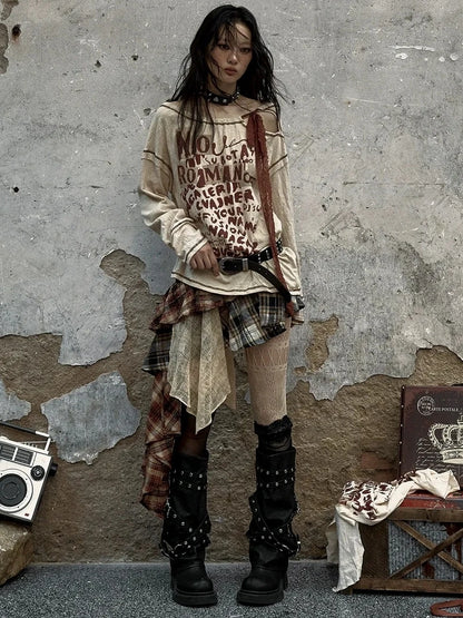 NO ROMANCE Adjustable Neckline Oversized Bow Print Apricot Cotton Women Longsleeve T-Shirt