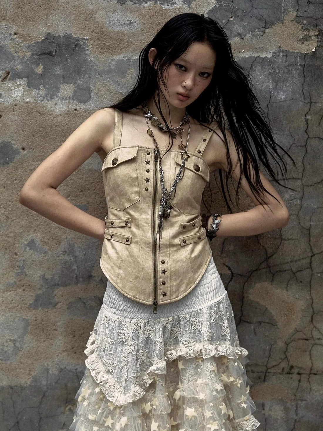 NO ROMANCE Animal Print Slim Spaghetti Strap Street Studded Pocket Women Apricot Tank Top