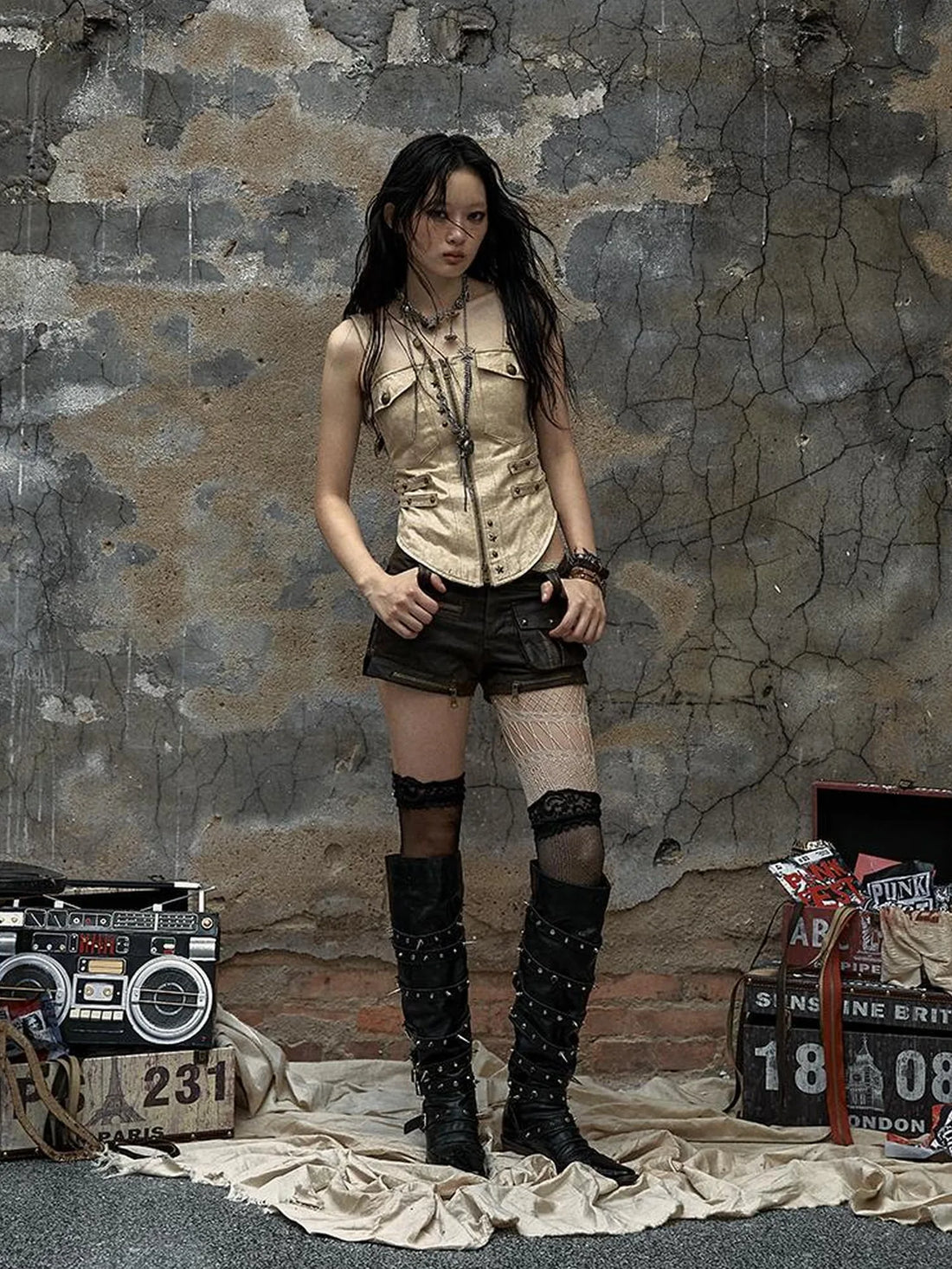 NO ROMANCE Animal Print Slim Spaghetti Strap Street Studded Pocket Women Apricot Tank Top