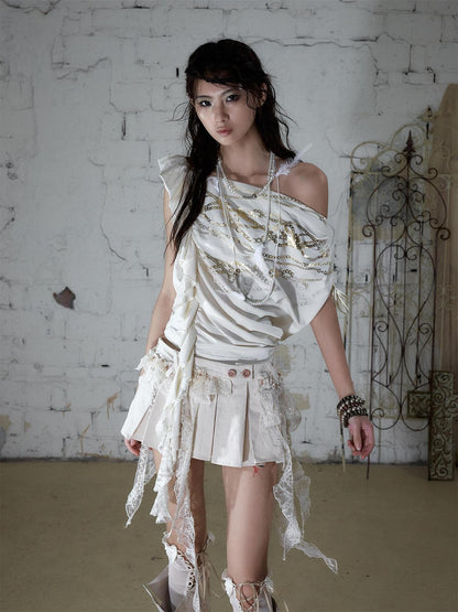NO ROMANCE Apricot Ruffle Asymmetric Foil Chain Print Women&