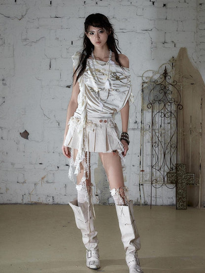NO ROMANCE Apricot Ruffle Asymmetric Foil Chain Print Women&