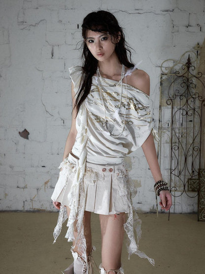 NO ROMANCE Apricot Ruffle Asymmetric Foil Chain Print Women&