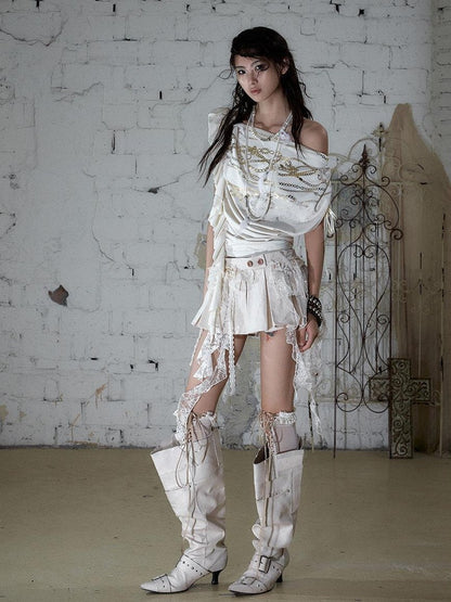 NO ROMANCE Apricot Ruffle Asymmetric Foil Chain Print Women&