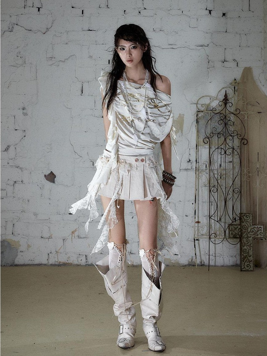 NO ROMANCE Apricot Ruffle Asymmetric Foil Chain Print Women&