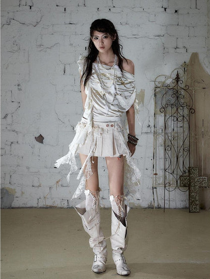 NO ROMANCE Apricot Ruffle Asymmetric Foil Chain Print Women&
