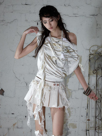 NO ROMANCE Apricot Ruffle Asymmetric Foil Chain Print Women&