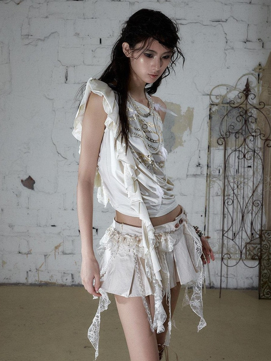 NO ROMANCE Apricot Ruffle Asymmetric Foil Chain Print Women&