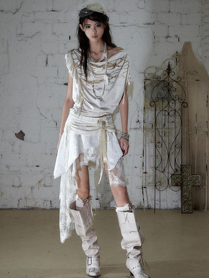 NO ROMANCE Apricot Ruffle Asymmetric Foil Chain Print Women&