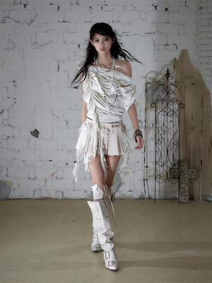 NO ROMANCE Apricot Ruffle Asymmetric Foil Chain Print Women&