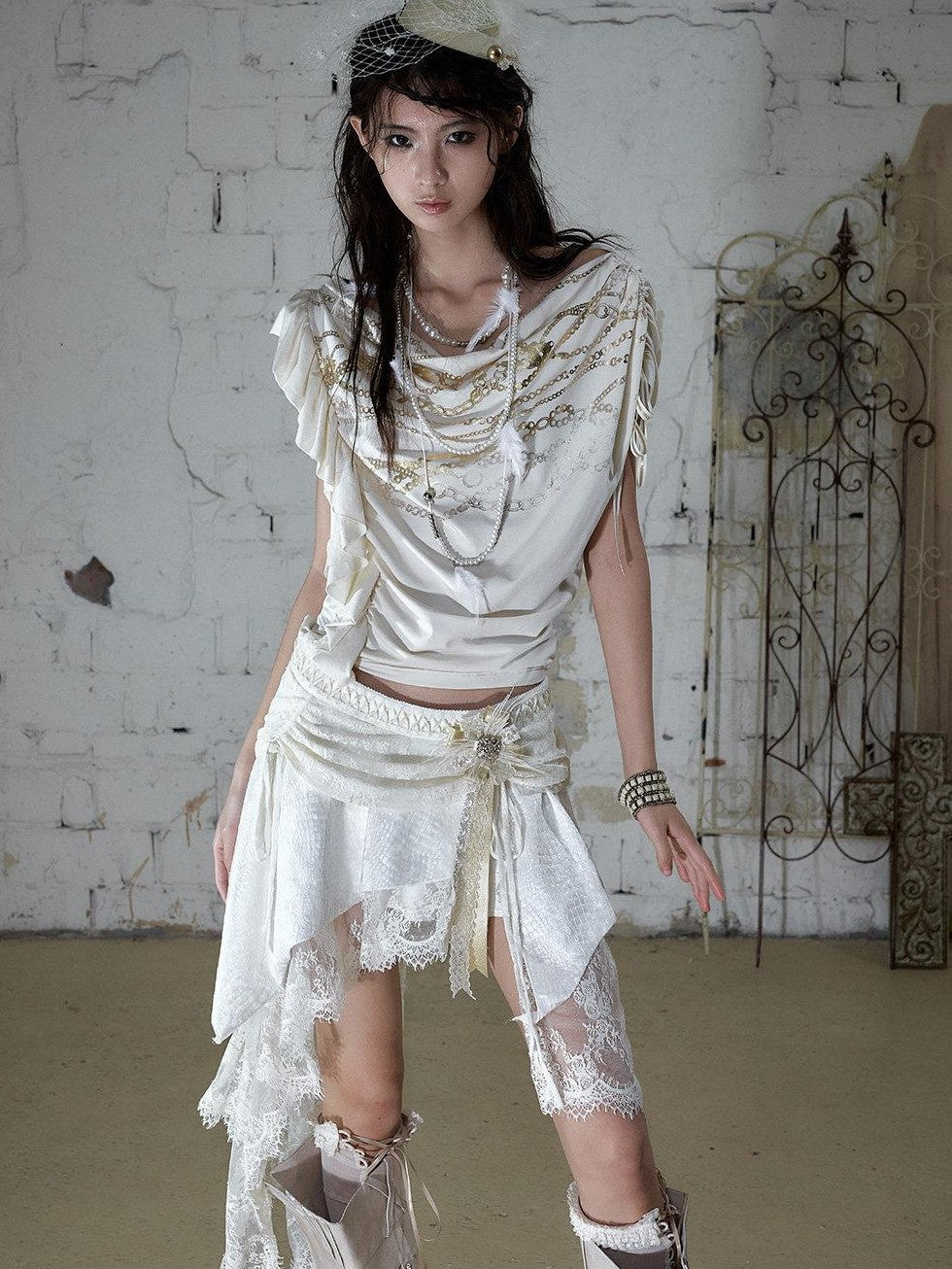 NO ROMANCE Apricot Ruffle Asymmetric Foil Chain Print Women&