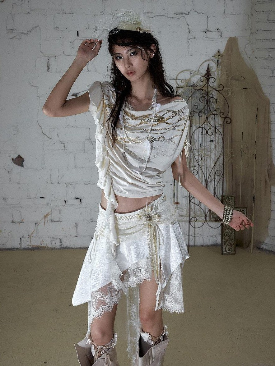 NO ROMANCE Apricot Ruffle Asymmetric Foil Chain Print Women&