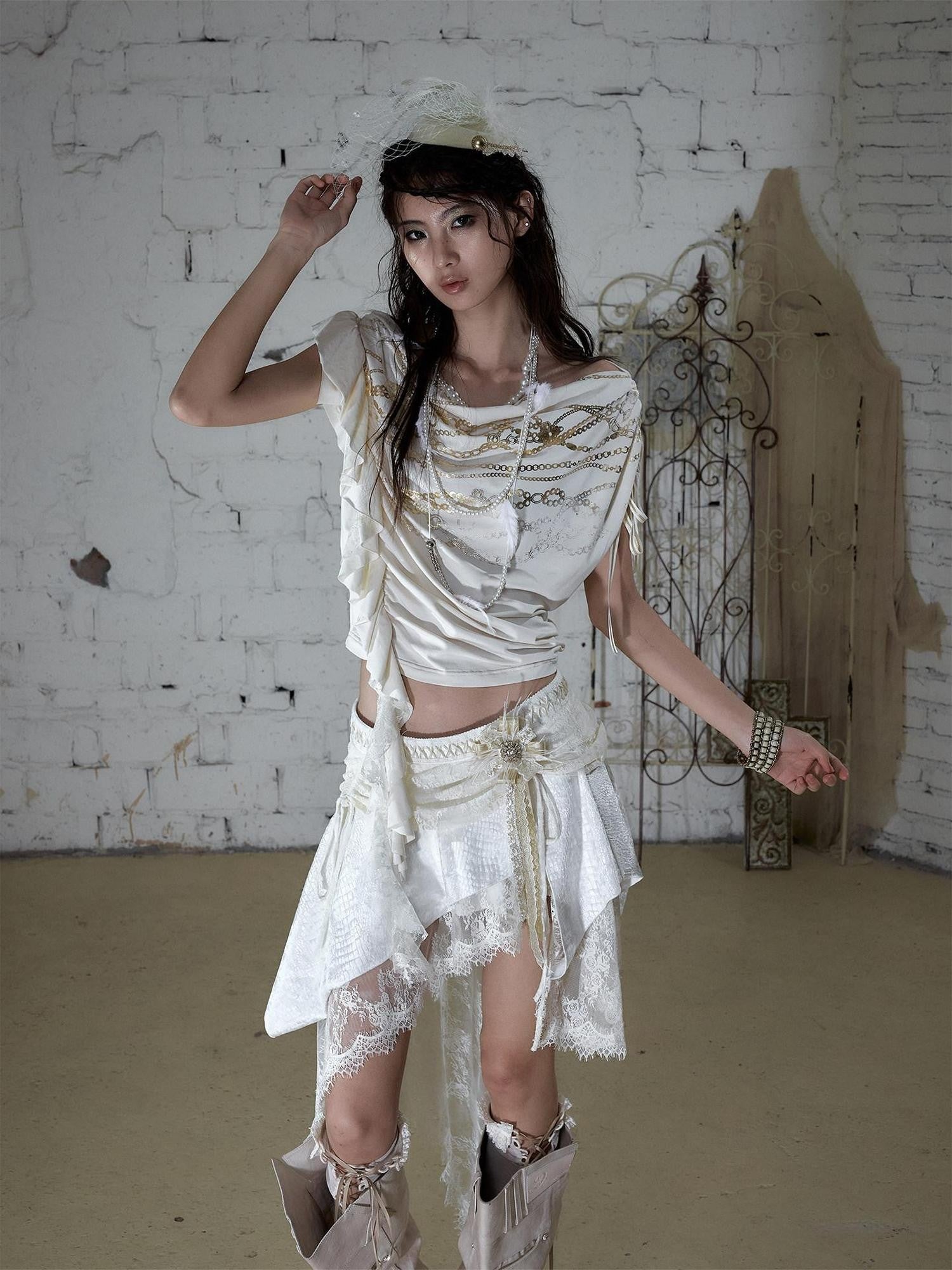 NO ROMANCE Apricot Ruffle Asymmetric Foil Chain Print Women&
