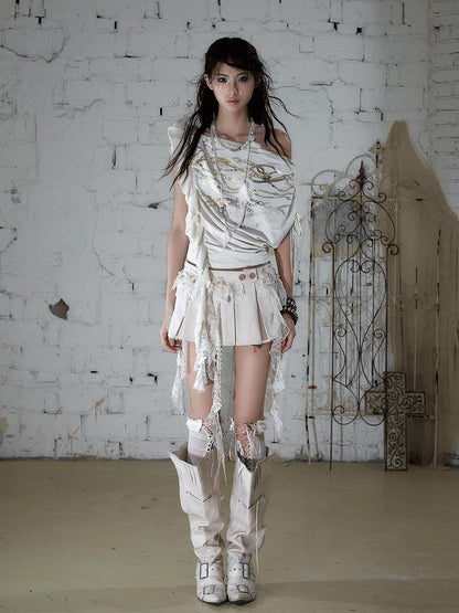 NO ROMANCE Apricot Ruffle Asymmetric Foil Chain Print Women&