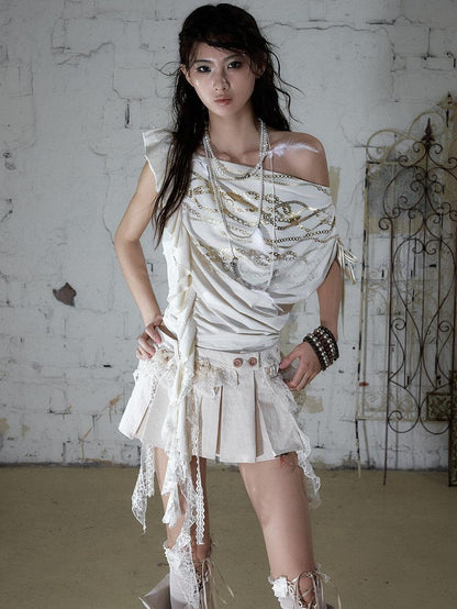 NO ROMANCE Apricot Ruffle Asymmetric Foil Chain Print Women&