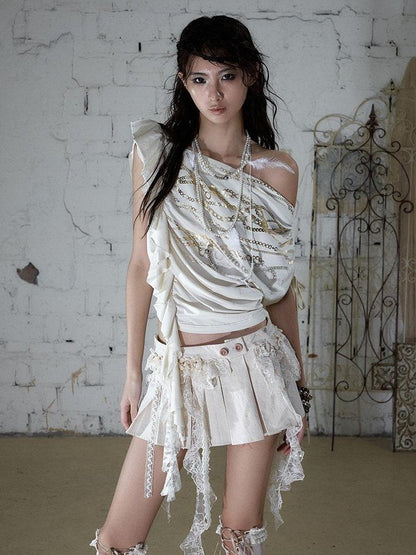 NO ROMANCE Apricot Ruffle Asymmetric Foil Chain Print Women&