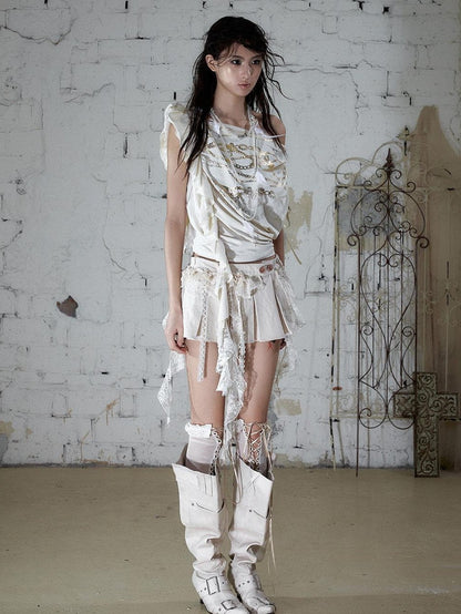 NO ROMANCE Apricot Ruffle Asymmetric Foil Chain Print Women&