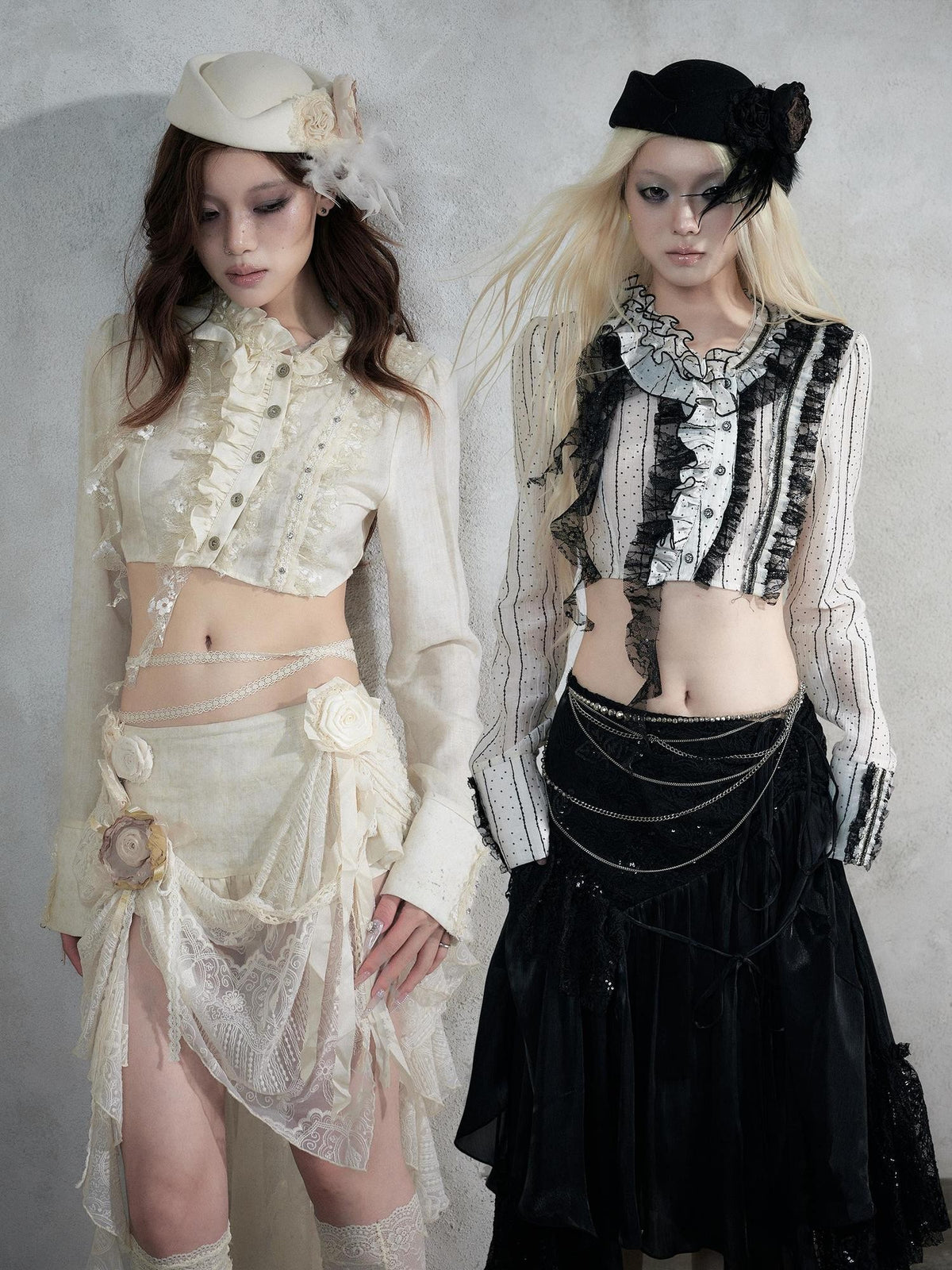 NO ROMANCE Asymmetric Lace Trim Polka Dot Stripe Women&