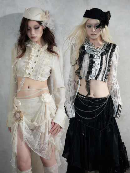 NO ROMANCE Asymmetric Lace Trim Polka Dot Stripe Women&