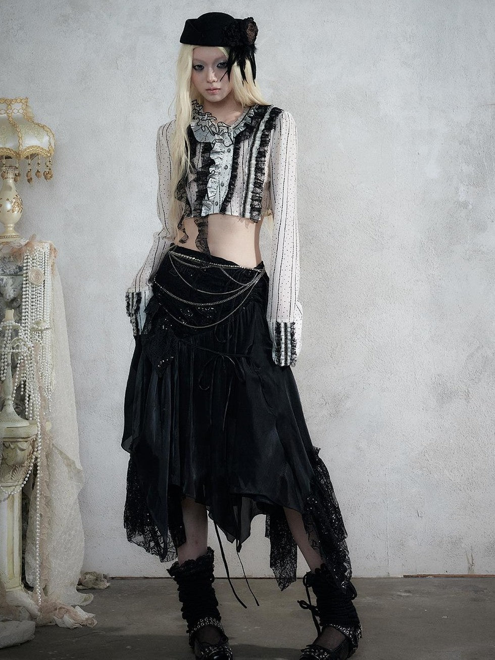 NO ROMANCE Asymmetric Lace Trim Polka Dot Stripe Women&