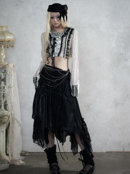 NO ROMANCE Asymmetric Lace Trim Polka Dot Stripe Women&