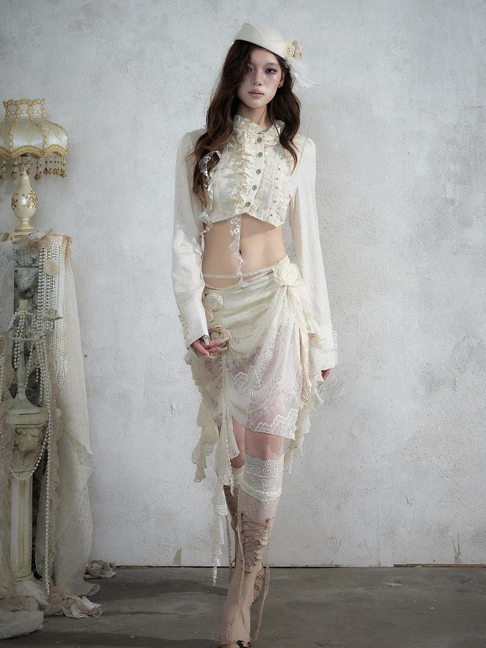 NO ROMANCE Asymmetric Lace Trim Polka Dot Stripe Women&