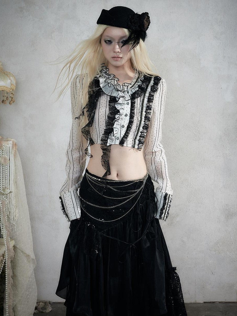 NO ROMANCE Asymmetric Lace Trim Polka Dot Stripe Women&