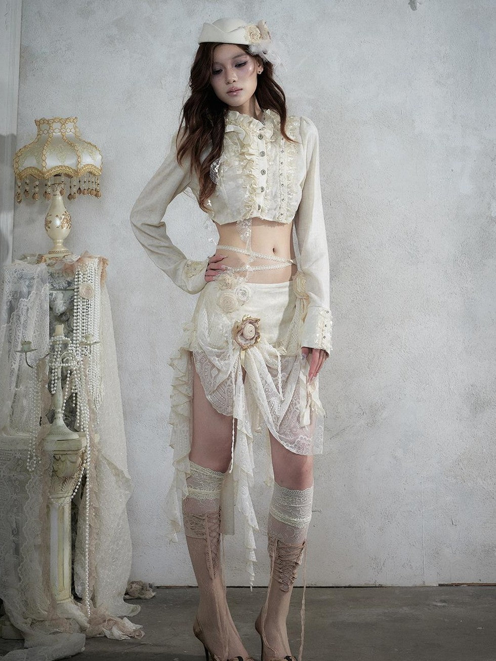 NO ROMANCE Asymmetric Lace Trim Polka Dot Stripe Women&