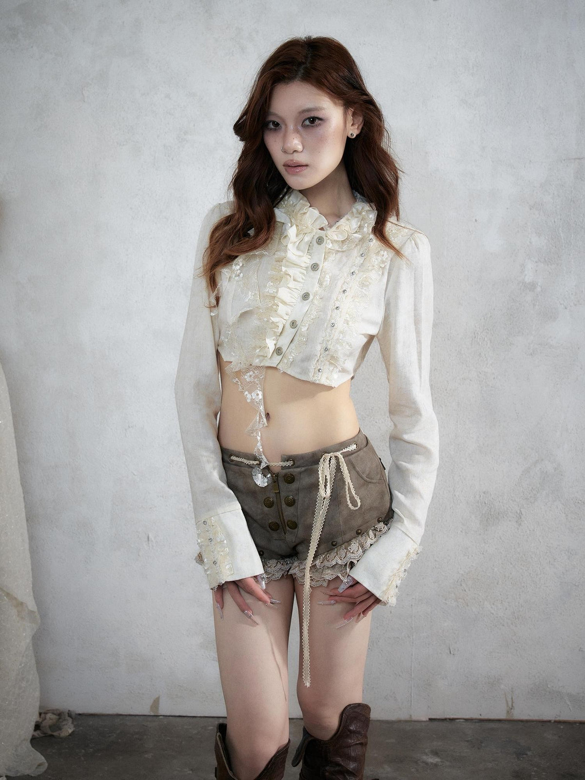 NO ROMANCE Asymmetric Lace Trim Polka Dot Stripe Women&