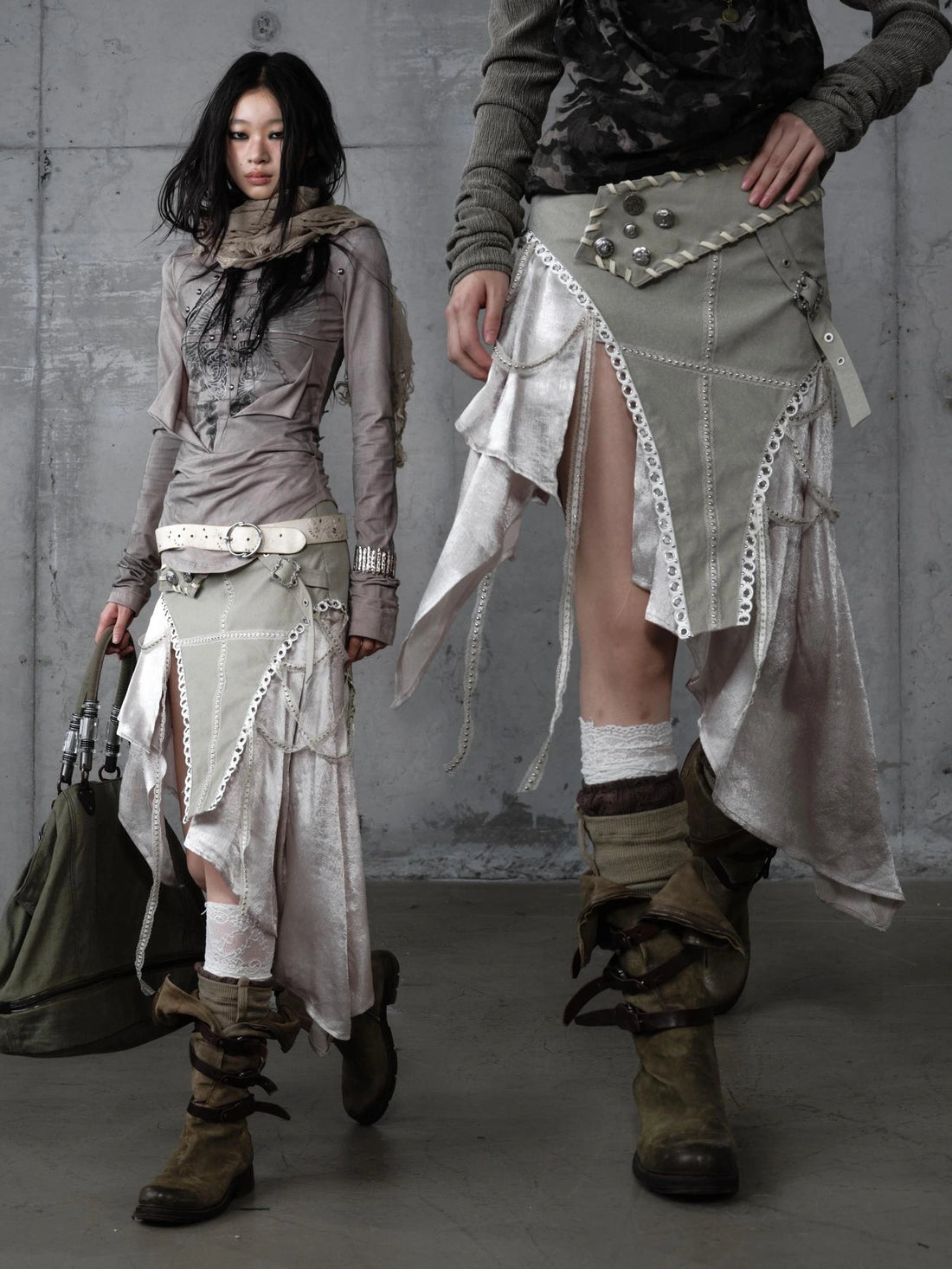 NO ROMANCE Asymmetric Side Slits Vintage Paneled Mid Waist Slim Fit Women A Line Skirt