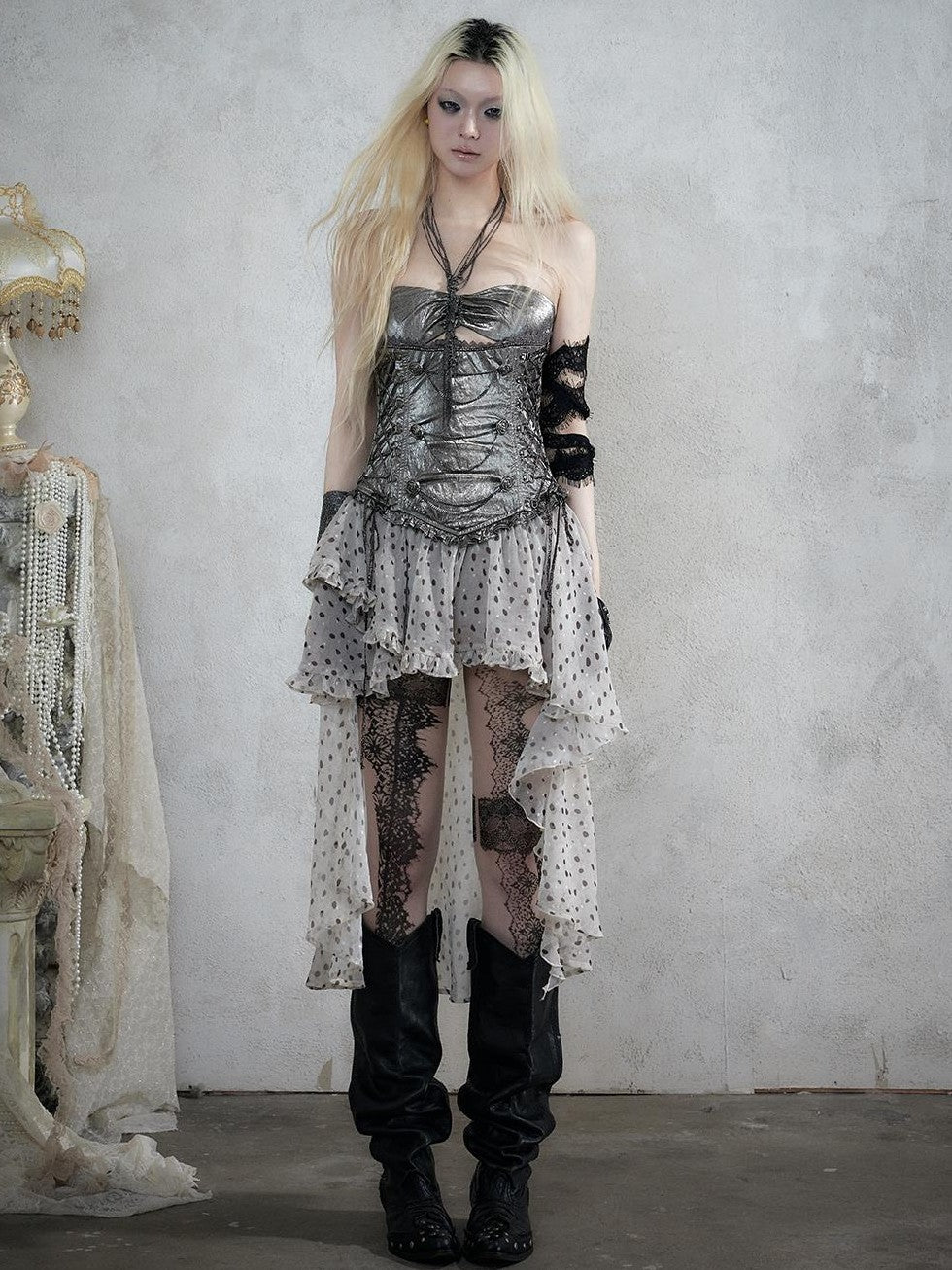 NO ROMANCE Asymmetrical Faux Two Piece Punk Victorian Knight Women&