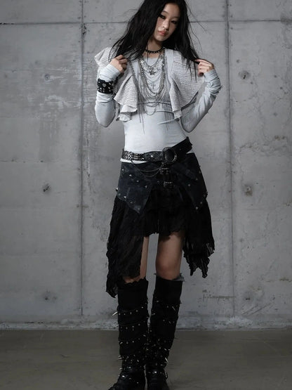 NO ROMANCE Asymmetrical Hem Tiered Lace Patchwork Mid Waist Punk Non Stretch Women Skirt