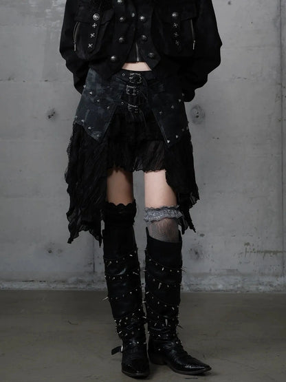 NO ROMANCE Asymmetrical Hem Tiered Lace Patchwork Mid Waist Punk Non Stretch Women Skirt