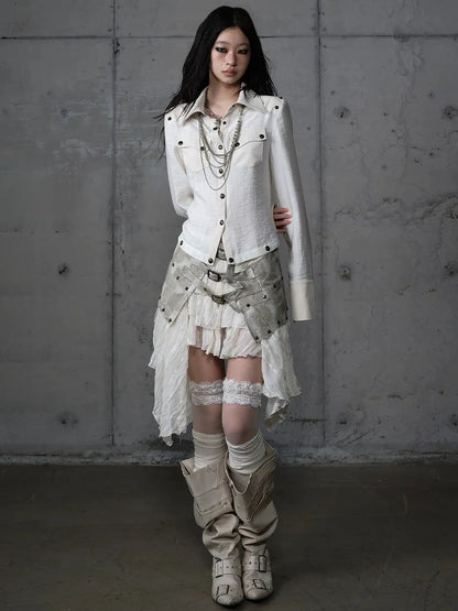 NO ROMANCE Asymmetrical Hem Tiered Lace Patchwork Mid Waist Punk Non Stretch Women Skirt