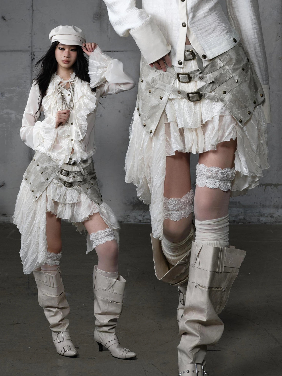 NO ROMANCE Asymmetrical Hem Tiered Lace Patchwork Mid Waist Punk Non Stretch Women Skirt