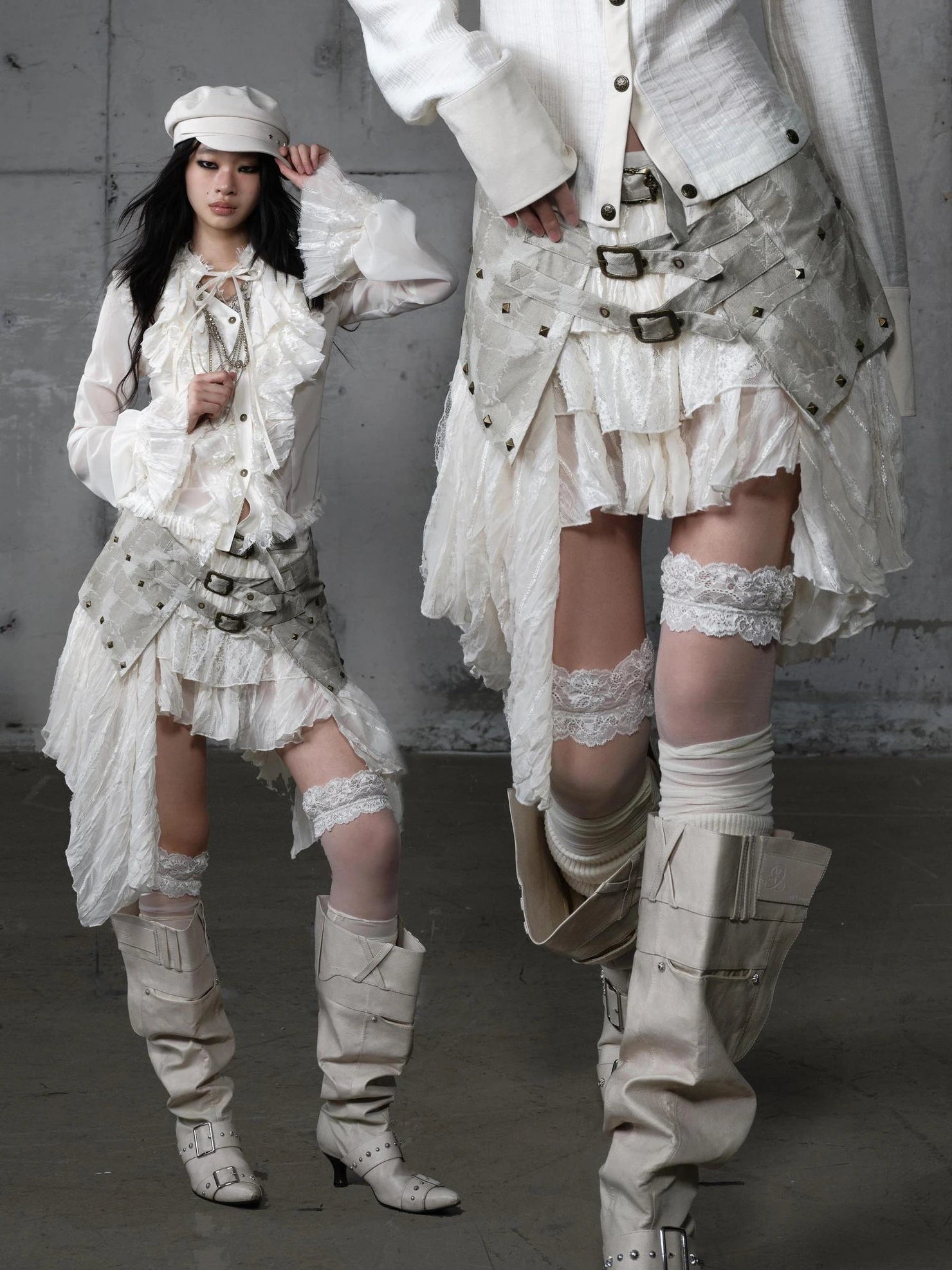 NO ROMANCE Asymmetrical Hem Tiered Lace Patchwork Mid Waist Punk Non Stretch Women Skirt