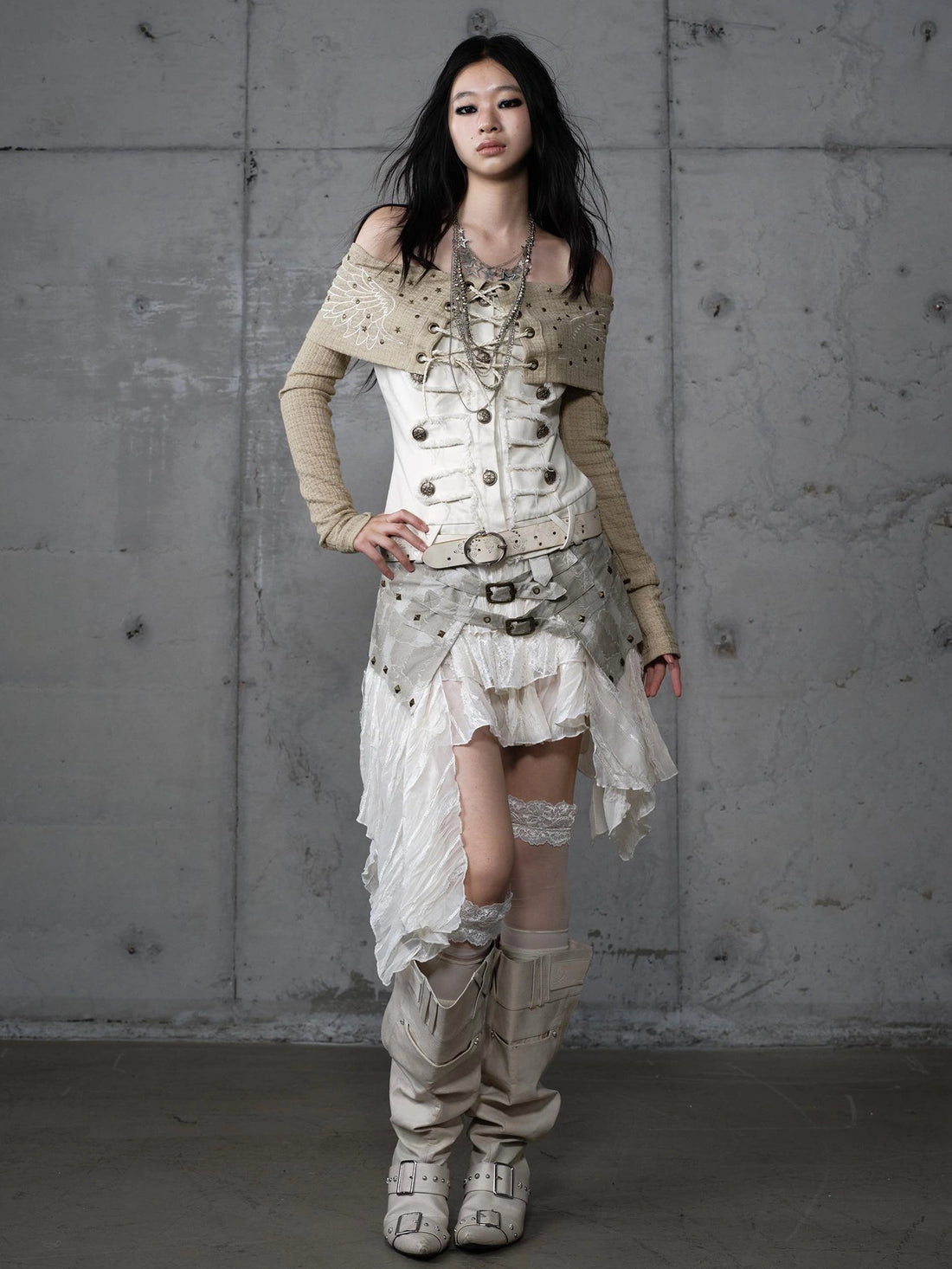 NO ROMANCE Asymmetrical Hem Tiered Lace Patchwork Mid Waist Punk Non Stretch Women Skirt